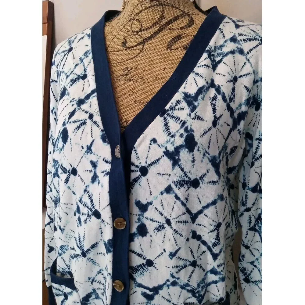 Thakoon Women Blue Pattern  Dye Diamond Button Down‎ Longsleeve Sweater Size L
